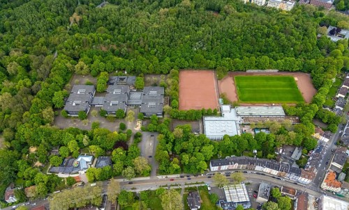 Aerial view, Ückendorf comprehensive school and sports field DJK Arminia Ückendorf, Ückendorf,