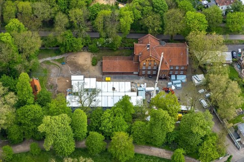 Aerial view, construction site and additional container at GGS Glückaufschule Ückendorf Außenstelle