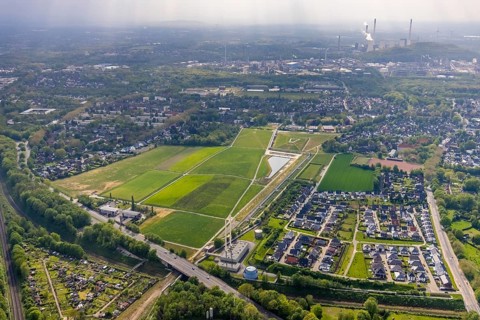 Aerial view, Glückauf Park Hassel - Park des Wandels, housing estate Valentinstraße, Am Brander