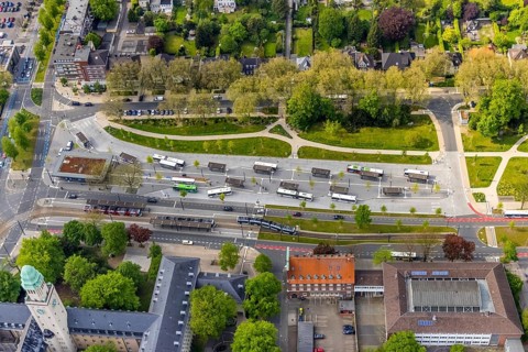 Aerial view, bus station Gelsenkirchen-Buer, ZOB, central bus station, Buer, Gelsenkirchen, Ruhr