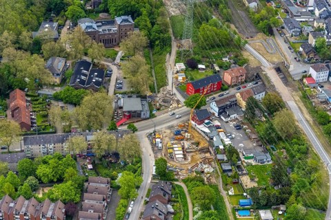 Aerial view, double Malakow tower and factory building, construction site canal works, Ückendorf,