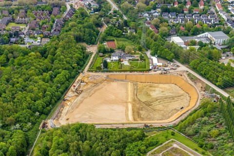 Aerial view, construction site rainwater retention basin Wattenscheider Bach, Ückendorf,