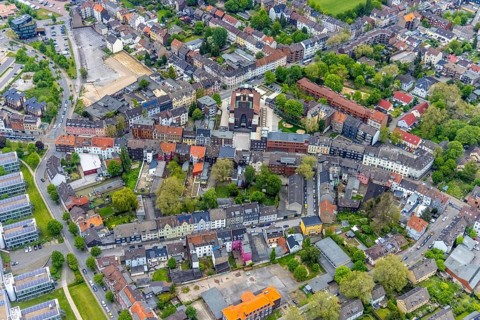 Aerial view, former cath. Heilig-Kreuz-Kirche, construction site and conversion as event venue,