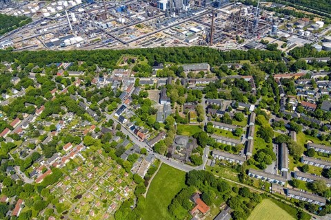 Aerial view, local supply centre Scholven, Im Brömm, retail centre, Scholven, Gelsenkirchen, Ruhr