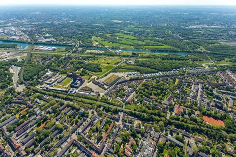 Aerial view, industrial park Nordstern, Nordsternpark, Heßler, Gelsenkirchen, Ruhr area, North