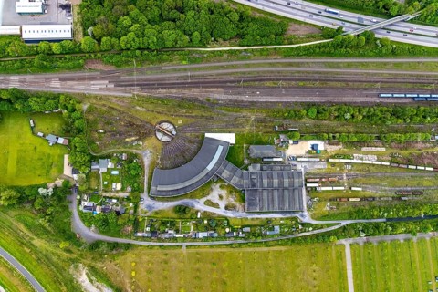 Aerial view, turntable and roundhouse railway depot Gelsenkirchen, Bismarck, Gelsenkirchen, Ruhr