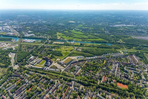 Aerial view, industrial park Nordstern, Nordsternpark, Heßler, Gelsenkirchen, Ruhr area, North