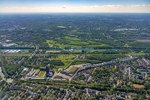 Aerial view, industrial park Nordstern, Nordsternpark, Heßler, Gelsenkirchen, Ruhr area, North