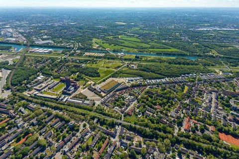 Aerial view, industrial park Nordstern, Nordsternpark, Heßler, Gelsenkirchen, Ruhr area, North