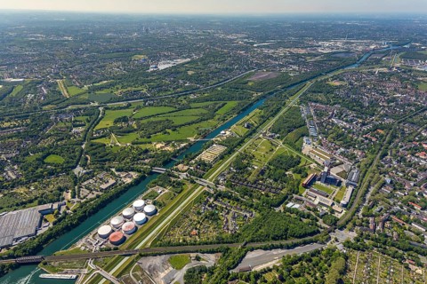 Aerial view, industrial park Nordstern, Nordsternpark, Heßler, Gelsenkirchen, Ruhr area, North