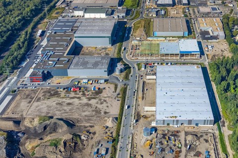 Aerial view, construction site commercial area and industrial park Schalker Verein on Europastrasse