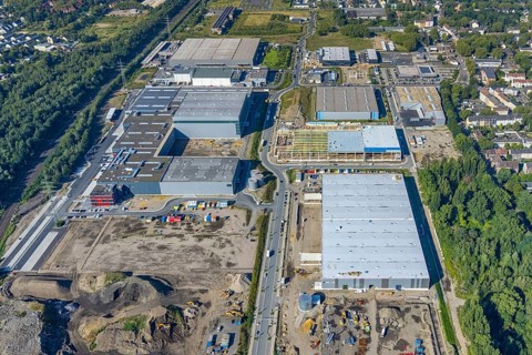 Aerial view, construction site commercial area and industrial park Schalker Verein on Europastrasse