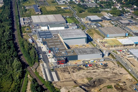 Aerial view, construction site commercial area and industrial park Schalker Verein on Europastrasse