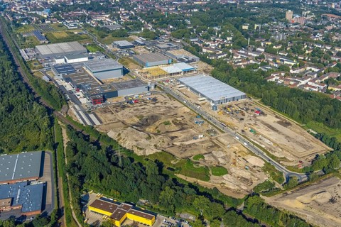 Aerial view, construction site commercial area and industrial park Schalker Verein on Europastrasse