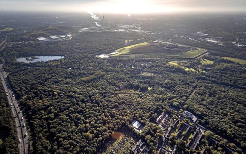 Aerial view, Resser Mark city forest with Emscherbruch central landfill in the Resser Mark district