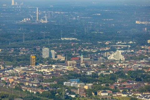 Aerial view, Old Town and City skyscrapers with Provost Church St. Augustinus and Old Town Church