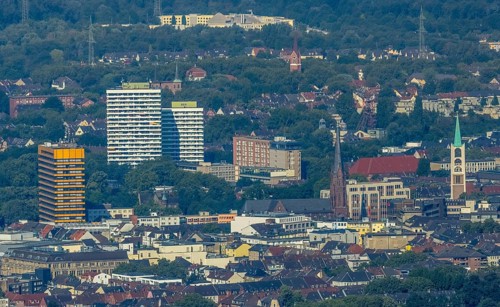 Aerial view, Old Town and City skyscrapers with Provost Church St. Augustinus and Old Town Church