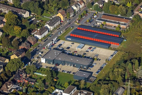 Aerial view, commercial area Ewaldstraße and Maxi-Garagen with solar roof and Å koda Autohaus