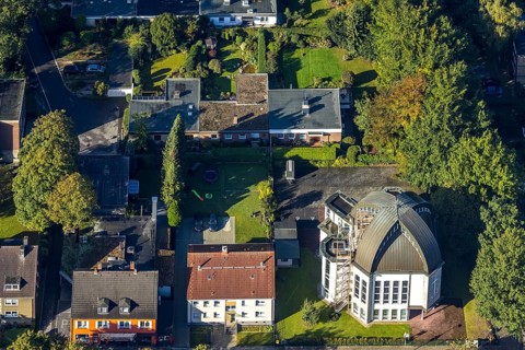 Aerial view, New Apostolic Church Gelsenkirchen-Resse in the district Resse in Gelsenkirchen, Ruhr