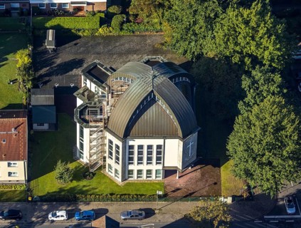 Aerial view, New Apostolic Church Gelsenkirchen-Resse in the district Resse in Gelsenkirchen, Ruhr