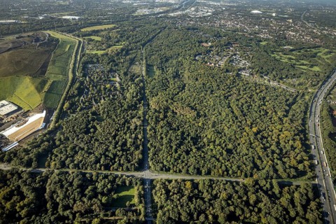 Aerial view, Resser Mark city forest with Münsterstrasse in the Resser Mark district of