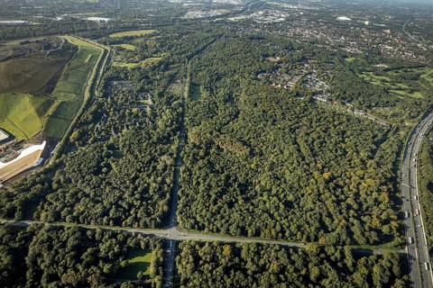 Aerial view, Resser Mark city forest with Münsterstrasse in the Resser Mark district of