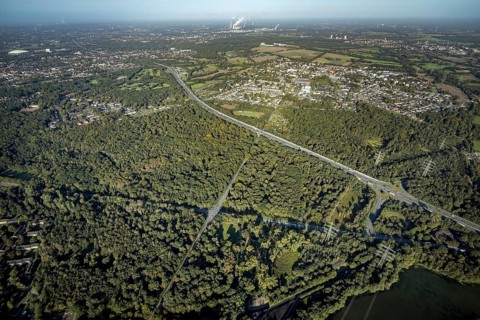 Aerial view, Resser Mark city forest with Münsterstrasse in the Resser Mark district of