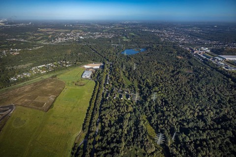 Aerial view, Resser Mark city forest with Münsterstrasse in the Resser Mark district of