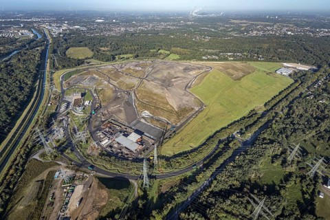 Aerial view, central landfill Emscherbruch and river Emscher in the district Resser Mark in