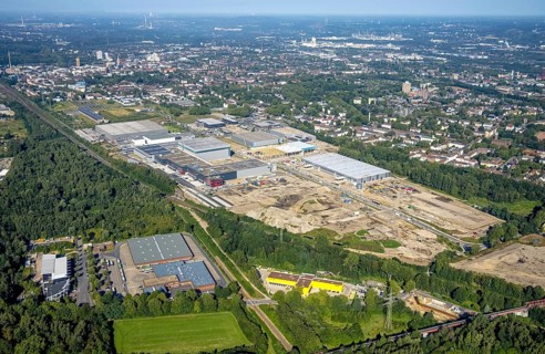 Aerial view, construction site commercial area and industrial park Schalker Verein on Europastrasse