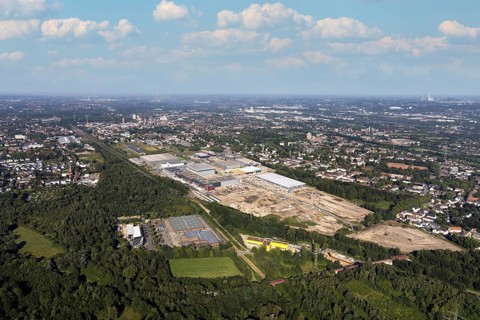 Aerial view, construction site commercial area and industrial park Schalker Verein on Europastrasse
