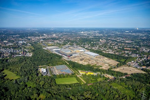 Aerial view, construction site commercial area and industrial park Schalker Verein on Europastrasse