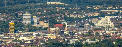 Aerial view, Old Town and City skyscrapers with Provost Church St. Augustinus and Old Town Church