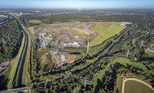 Aerial view, central landfill Emscherbruch and river Emscher in the district Resser Mark in