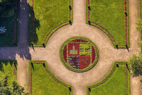 Aerial view, moated castle Schloss Berge green areas and city coat of arms of Gelsenkirchen in the