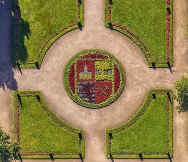 Aerial view, moated castle Schloss Berge green areas and city coat of arms of Gelsenkirchen in the