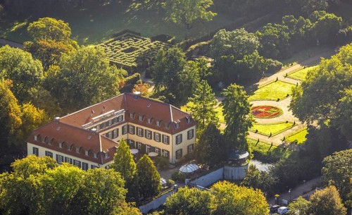 Aerial view, moated castle Schloss Berge in the district Buer in Gelsenkirchen, Ruhr area, North