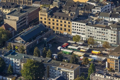 Aerial view, Hochstraße pedestrian zone City Buer-Mitte with market hall, Springemarkt and weekly