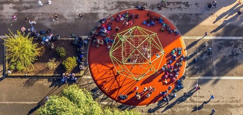 Aerial view, pupils on the playground of the Max-Planck-Gymnasium in the Buer district of