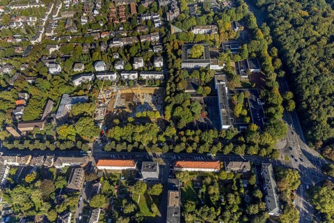 Aerial view, Max-Planck-Gymnasium and construction site with new building for multi-family houses
