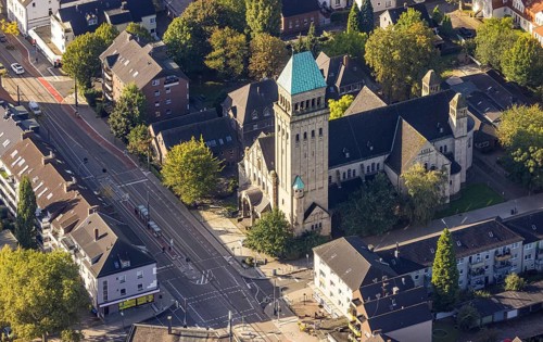 Aerial view, Ludgerikirche in the Buer district of Gelsenkirchen, Ruhr area, North