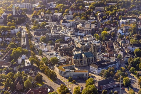 Aerial view, City Buer-Mitte with the Catholic Propsteikirche St. Urbanus in the district Buer in