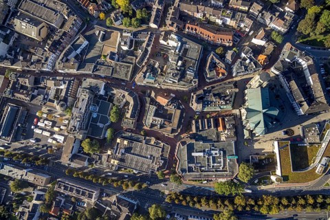 Aerial view, City Buer-Mitte with the Catholic Propsteikirche St. Urbanus in the district Buer in