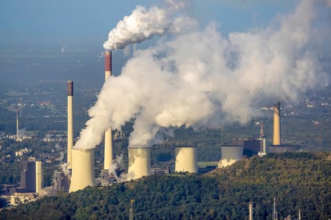 Aerial view, Smoking chimneys and cooling towers at the Uniper power plant Scholven in the district