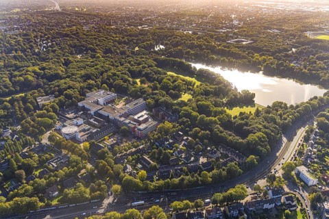 Aerial view, Bergmannsheil and Rehabilitation Clinic at Berger See in the Buer district of