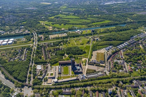 Aerial view, industrial park Nordstern, Nordsternpark, Heßler, Gelsenkirchen, Ruhr area, North