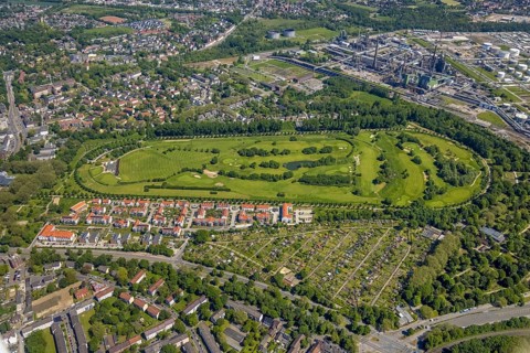 Aerial view, golf course Horst at Schloss Horst, Horst, Gelsenkirchen, Ruhr area, North
