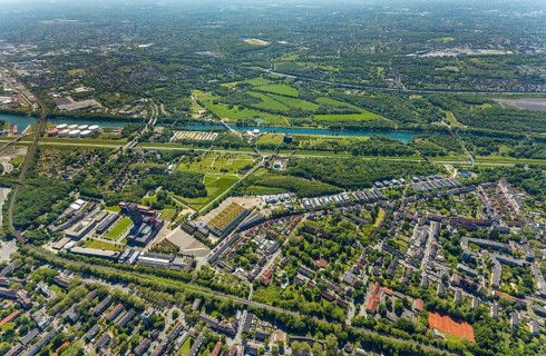 Aerial view, industrial park Nordstern, Nordsternpark, Heßler, Gelsenkirchen, Ruhr area, North