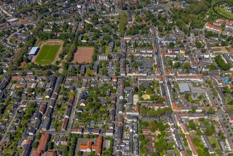 Aerial view, secondary centre Horst, Markenstraße, retail centre, Horst, Gelsenkirchen, Ruhr area,