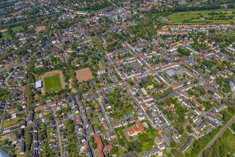 Aerial view, secondary centre Horst, Markenstraße, retail centre, Horst, Gelsenkirchen, Ruhr area,